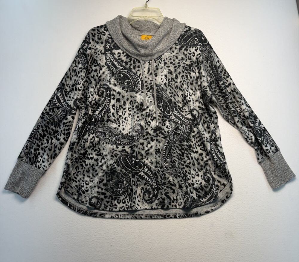 Ruby Rd Sweater Women PL Cowl NECK Long Sleeve Black/Gray PAISLEY Leopard Casual